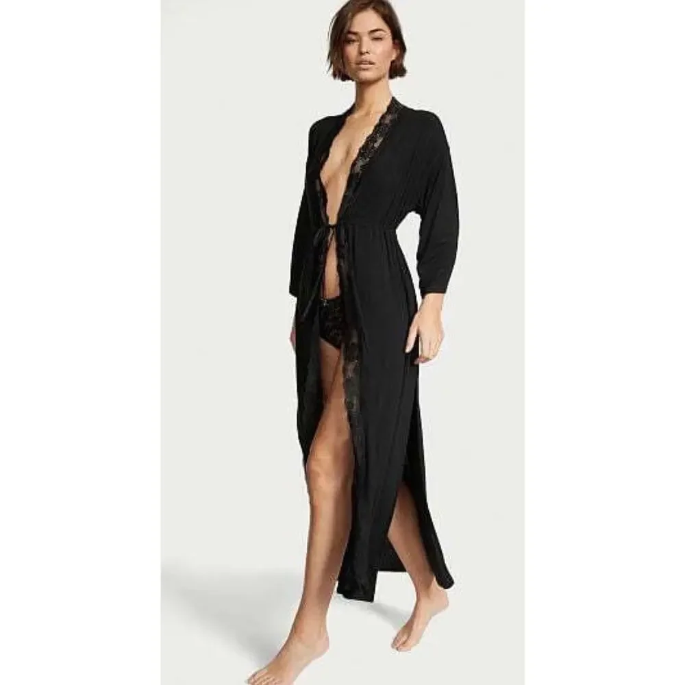 Victoria's Secret Modal Lace Trim Long Robe in Black. NWT. Size M/L